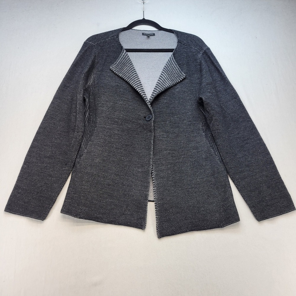 Eileen Fisher Cardigan Women XL Gray Open Front 100% Merino Wool Textured Knit